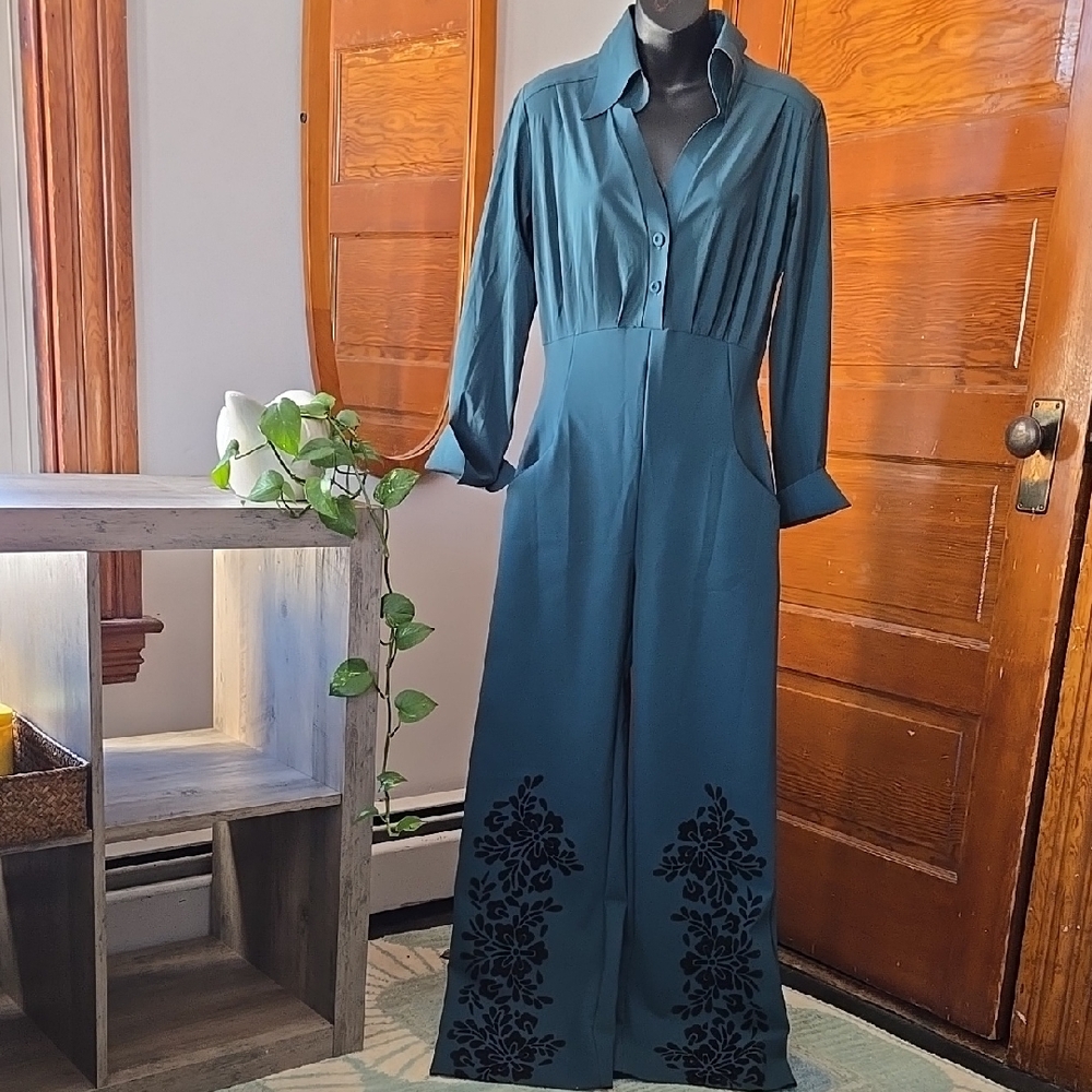 Chiara Boni Teal Green Long-Sleeve Wide-Leg Jumpsuit with Black Velvet Appliqué